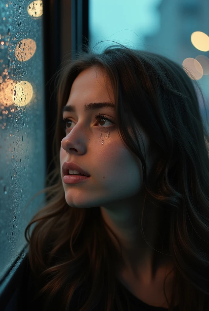 a beautiful girl's face is visible through the bus window.、With their back turned to the bus, tears streaming down their face,