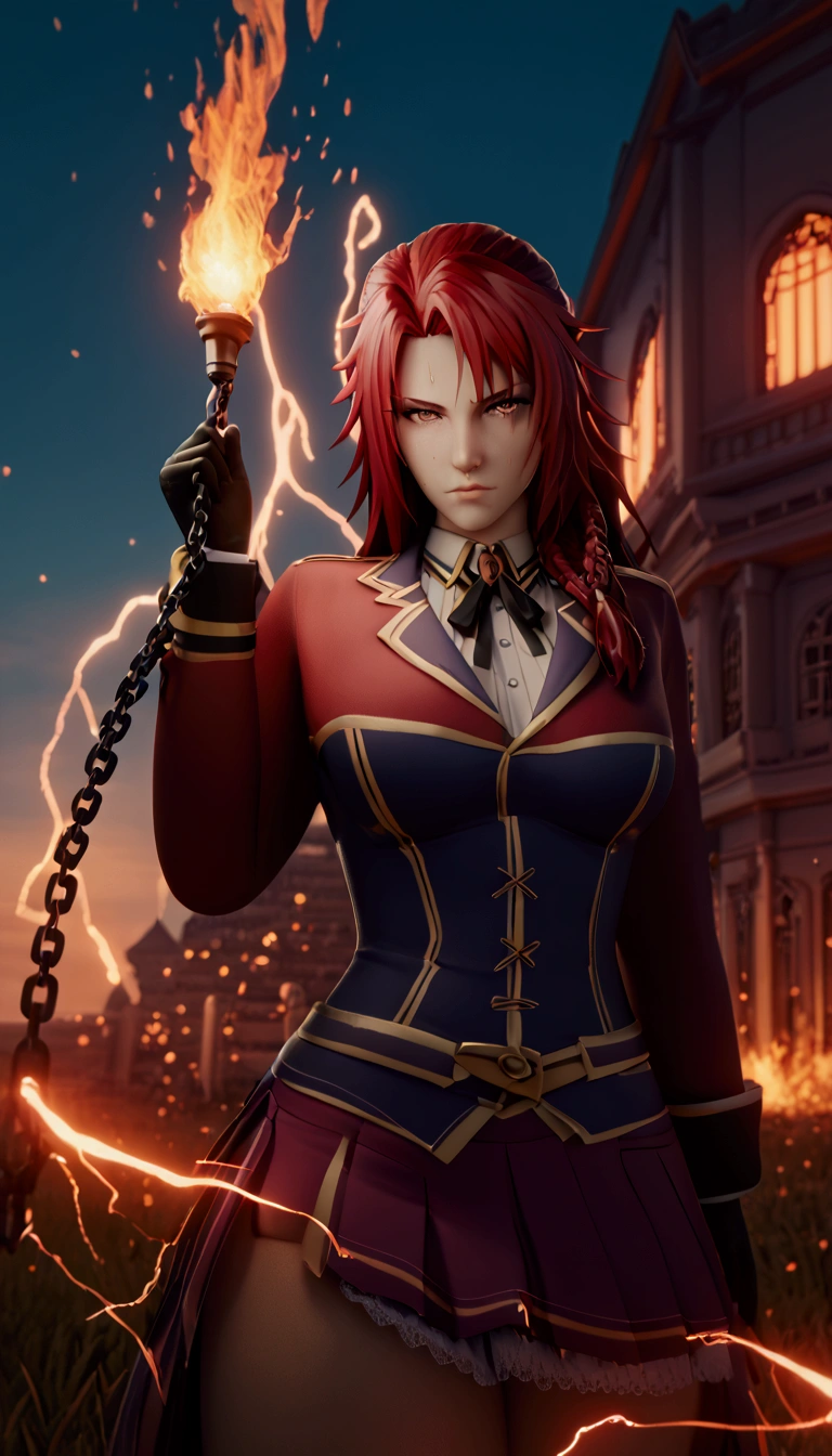 score_9, score_8_up, score_7_up, score_6_up, uncensored, score_9, score_8_up, score_7_up, score_6_up, score_5_up, score_4_up, uncensored, iris midgar, red hair, long hair, braid, red eyes, BREAK glow effects, godrays, Hand drawn, render, 8k, octane render, cinema 4d, blender, dark, atmospheric 4k ultra detailed, cinematic, Sharp focus, big depth of field, Masterpiece, colors, 3d octane render, 4k, concept art, trending on artstation, hyperrealistic, Vivid colors, extremely detailed CG unity 8k wallpaper, trending on CGSociety, Intricate, High Detail, dramatic, excessive sweating, sweating profusely, sweating drop BREAK, collared shirt, long sleeves, black ribbon, neck ribbon, vertical-striped shirt, black corset, dark red skirt, pleated skirt, frilled skirt, 1girl, gloves, backlighting, bokeh, field, looking at viewer, gloomy expression, electricity, holding chain, fire