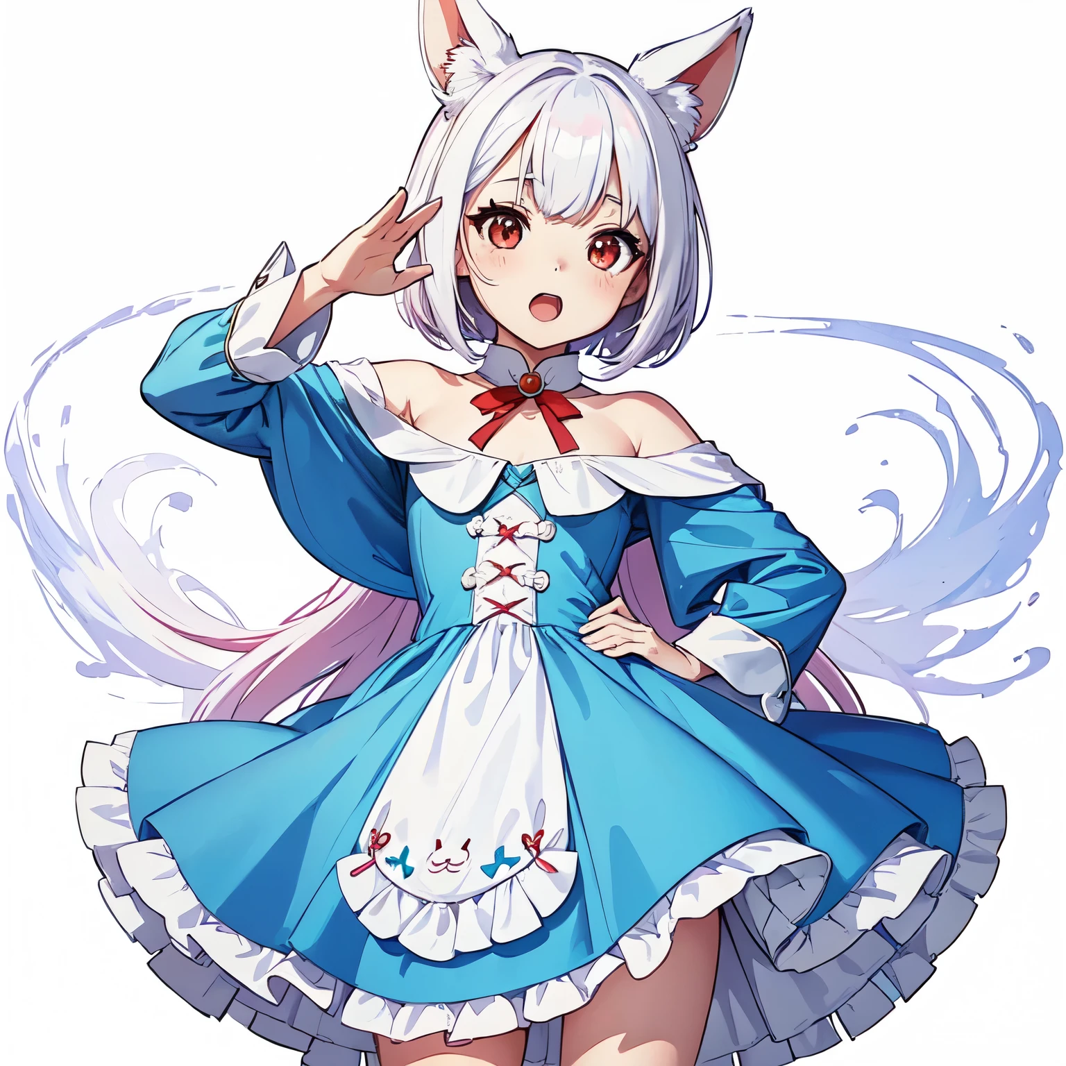 anime style, cute small white rabbit, ((salute and open mouth))), 1girl, (((chibi))), red eyes, tall ears, bob hairstyle, large face, short stature, wearing a light blue dress, (best quality,4k,8k,highres,masterpiece:1.2), intricate details,highly detailed,exquisite,stunningly beautiful,vibrant colors,soft lighting,fantasy,magical realism,((white background)) (simple background),