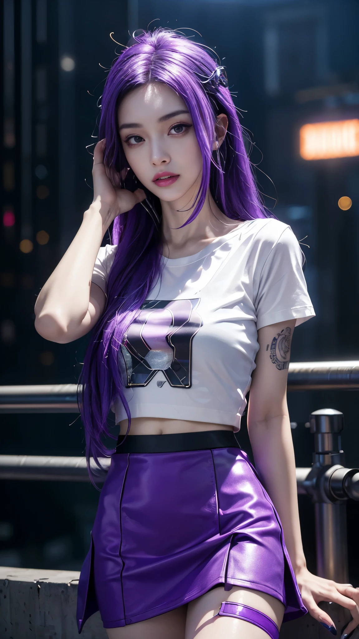 8k, UHD, masterpiece, 1 girl, ((good face)), very long hair, light makeup, (white skin:1.2), detailed eyes, detailed lips, small bust, simple cyberpunk clothing, ((purple t-shirt)), ((mini skirt)), (cyberpunk lighting:1.4), ((building)), light effect, light reflection, cyberpunk, cybercity, futuristic, (night), ray tracing, bloom, perfect pose,