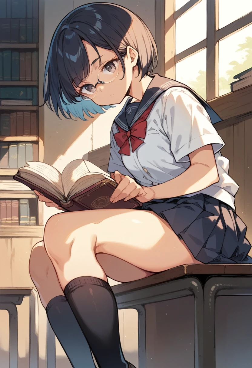 1girl, solo, Black-rimmed glasses, short hair, Neatly cropped bangs, Hair on both sides is chest length, hair in the back is neck length, class room, Sitting and reading a book, Window seat, High school uniform, Skirts shorter than the knee, Pleated skirt, Black socks, Knee socks, loafers, sideshot, Looking at a book,