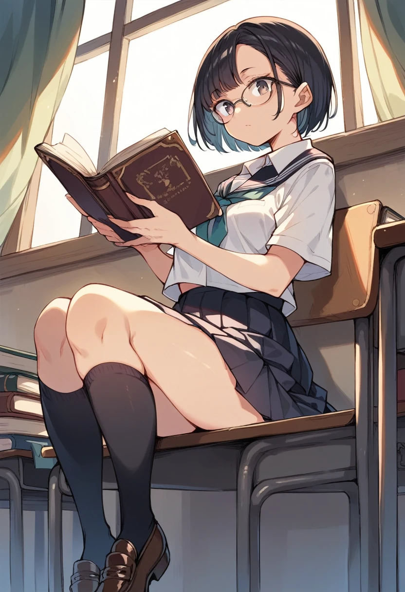 1girl, solo, Black-rimmed glasses, short hair, Neatly cropped bangs, Hair on both sides is chest length, hair in the back is neck length, class room, Sitting and reading a book, Window seat, High school uniform, Skirts shorter than the knee, Pleated skirt, Black socks, Knee socks, loafers, sideshot, Looking at a book,