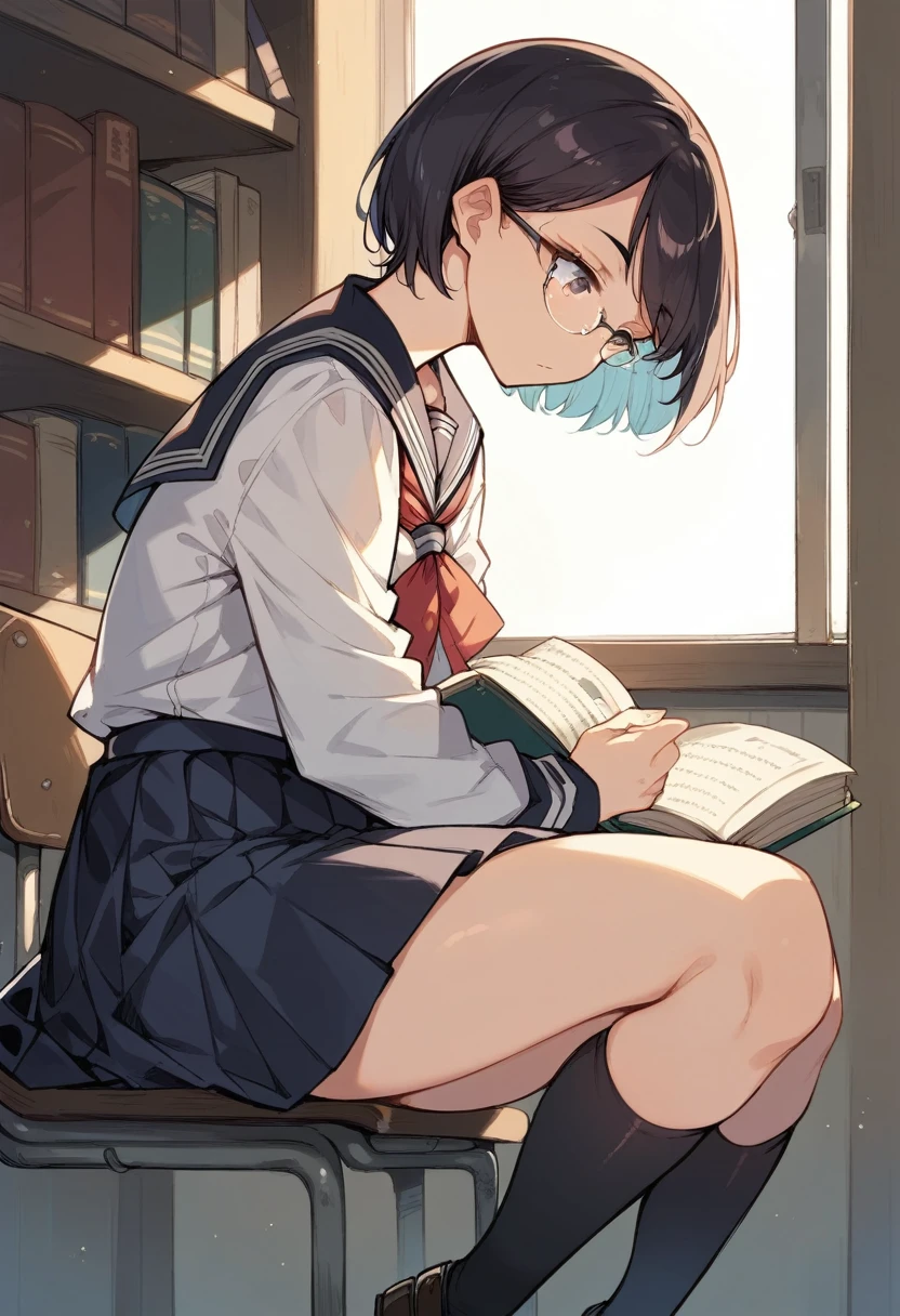 1girl, solo, Black-rimmed glasses, short hair, Neatly cropped bangs, Hair on both sides is chest length, hair in the back is neck length, class room, Sitting and reading a book, Window seat, High school uniform, Skirts shorter than the knee, Pleated skirt, Black socks, Knee socks, loafers, sideshot, Looking at a book,