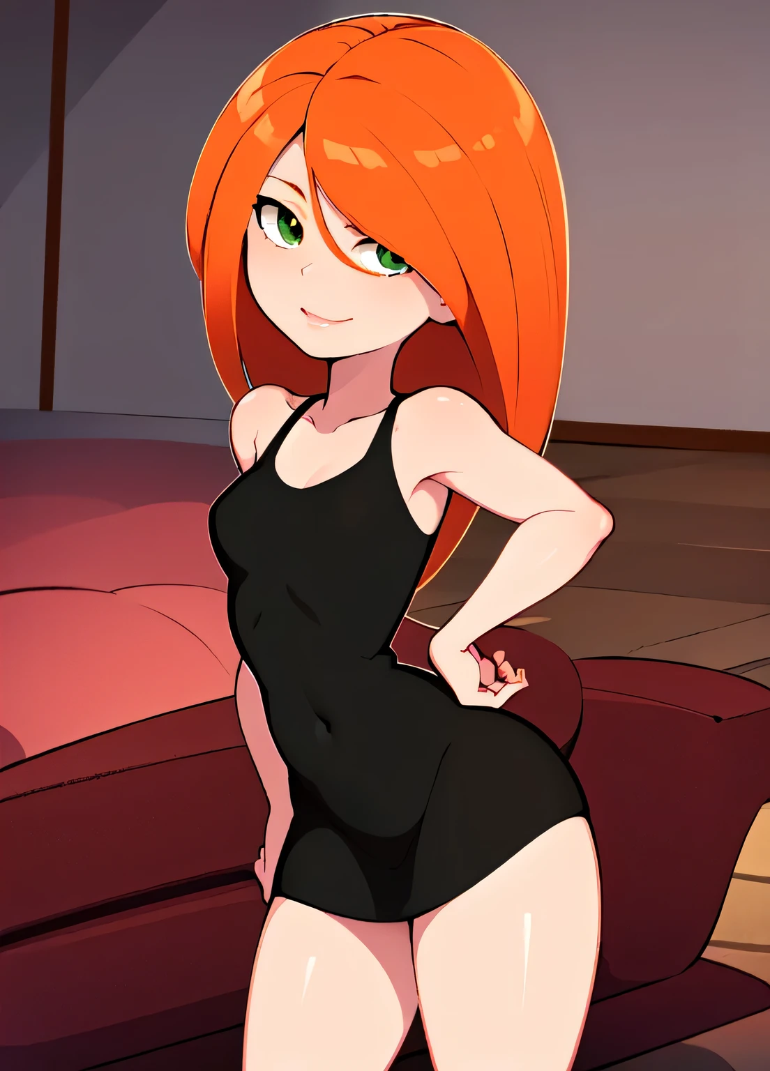 ((best quality)), ((highly detailed)), absurdres, (detailed eyes, deep eyes), (1girl), dynamic pose, cowboy shot, (((very wide shot))), orange hair, long hair, green eyes, bare shoulders, collarbone, black dress, short black dress, bodycon, skin-tight dress,  (inside, in a living room), light smile