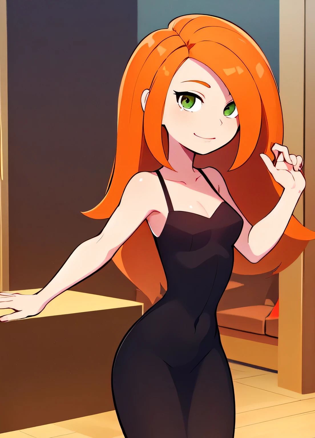 ((best quality)), ((highly detailed)), absurdres, (detailed eyes, deep eyes), (1girl), dynamic pose, cowboy shot, (((very wide shot))), orange hair, long hair, green eyes, bare shoulders, collarbone, black dress, short black dress, bodycon, skin-tight dress, (inside, in a living room), light smile