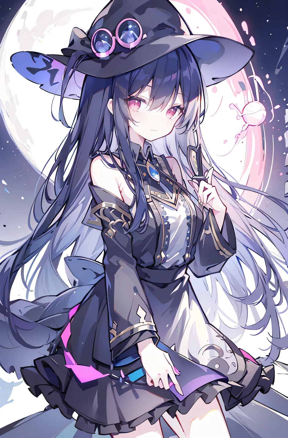 oung Girls,Humanity,A magician always smiles,big witch hat,cute,dark blue long hair,The eyes are dull,The bangs are heavy,Thin eyebrows,fantasy,intake,Double teeth,Star Theme,Constellation pattern,Solid color clothetal decoration,cloak,A bit of a dark atmosphere,A little crazy smile,When the big moon shines outside at night,blood,Hair black star embellishment,Short tie,No nails,High waist skirt,Bell sleeves,Long-sleeved shirt,Black tie,low risk,gentlemen。Mist、Yellow and white effect,Shocking pink as an accent color