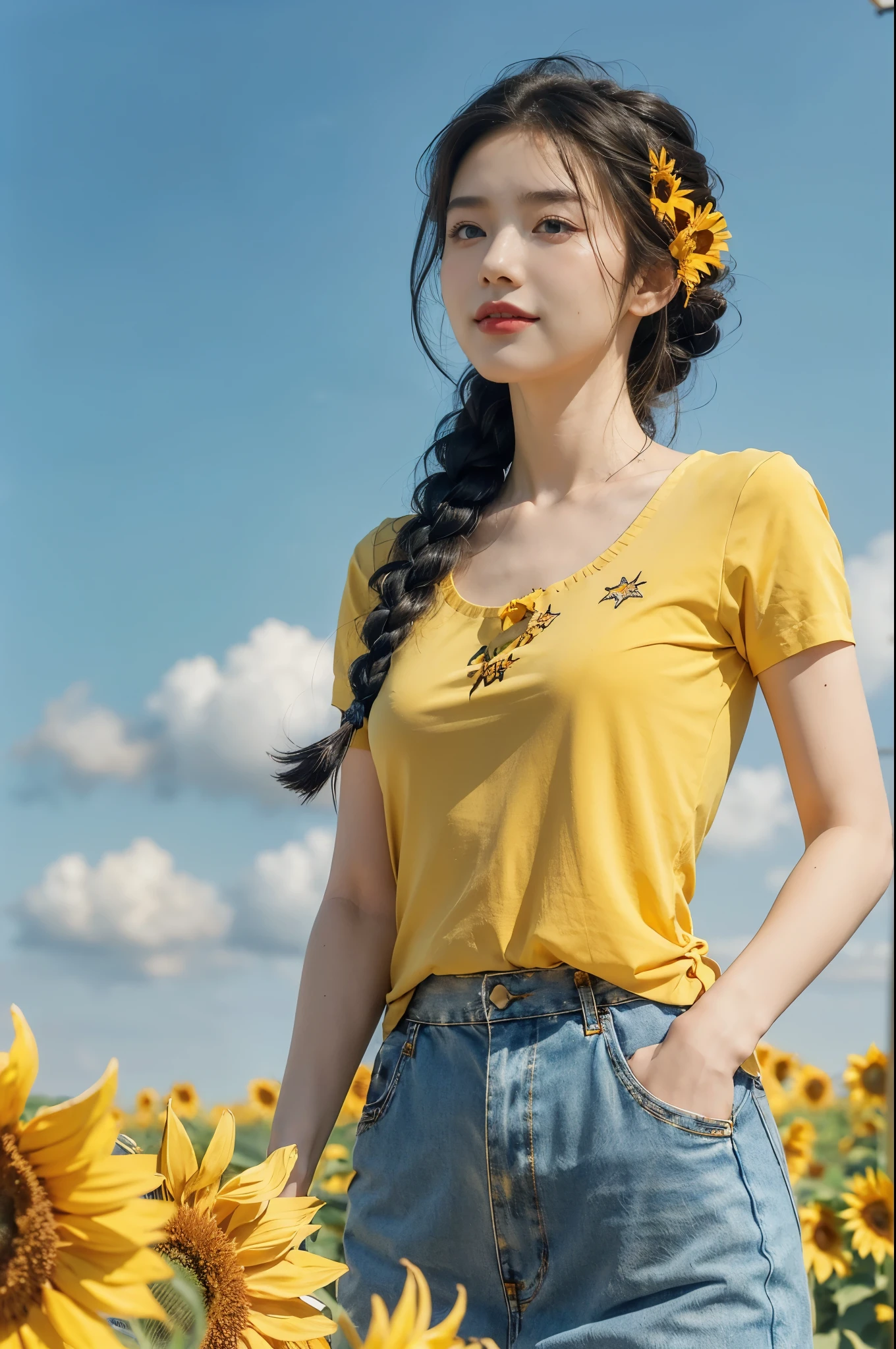 (((best quality))), (((ultra detailed))), (((masterpiece))), illustration,((a beautiful Ukrainian girl,solo)),((slim,thin)),((small breasts,flat chest)),(standing amidst a field of sunflowers:1.3),(short blue braid hair:1.3), (((vibrant yellow shirt))),((from front,close-up of face)),complementary attire, (horizon as backdrop:1.2),((brilliant shade of clear blue sky, stark contrast with sea of yellow sunflowers)),striking features, sharp piercing eyes, warm kindness, subtle smile, gentle nature, simplicity of beauty
