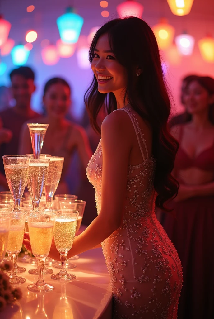 She is a cute and sexy Japanese hostess. She is 20 years old and wearing a see-through dress. Today is her birthday party, and she is being celebrated by many men. She is happy in front of the champagne glass tower at the climax.