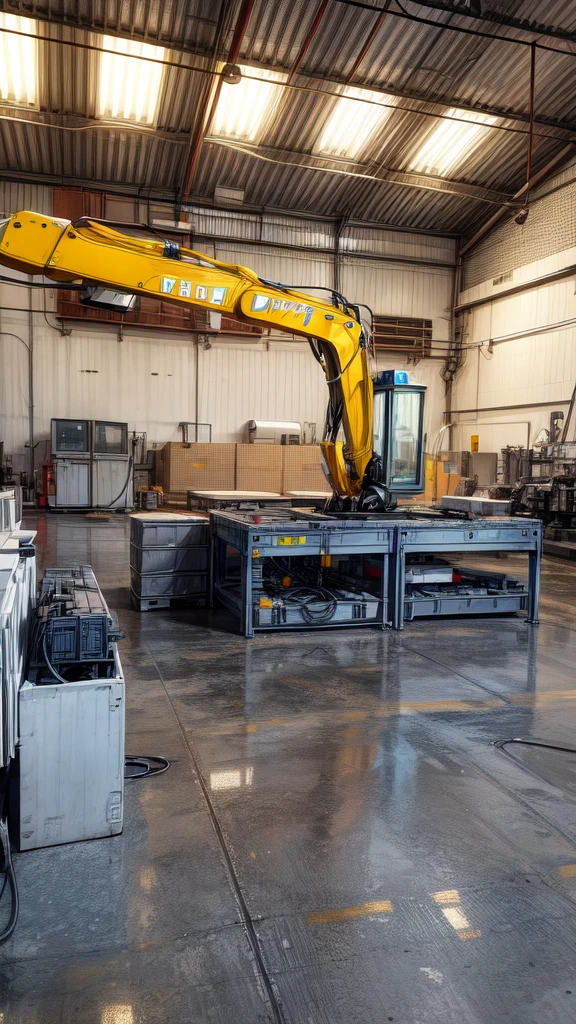 Modern factory, robot operators, modern machinery, automation, roboT, cutting-edge technologies, HDR lighting, white floor, photo realist, high-definition, hightech, highly advanced modern machines, artificial intelligence, Futuristic Space, future company.