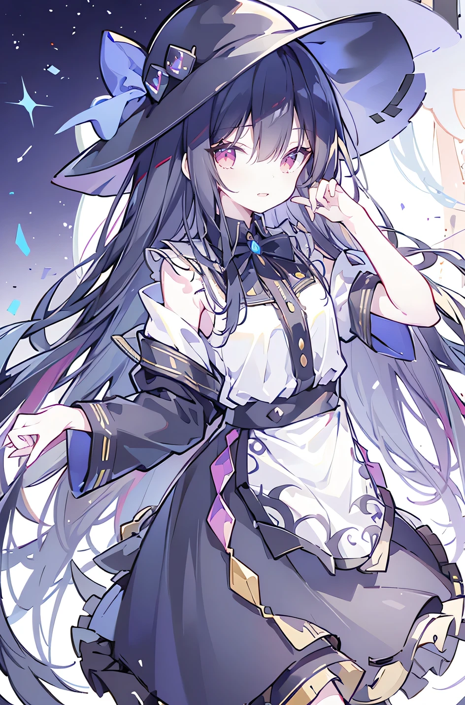 oung Girls,Humanity,A magician always smiles,big witch hat,cute,dark blue long hair,The eyes are dull,The bangs are heavy,Thin eyebrows,fantasy,intake,Double teeth,Star Theme,Constellation pattern,Solid color clothetal decoration,cloak,A bit of a dark atmosphere,A little crazy smile,When the big moon shines outside at night,blood,Hair black star embellishment,Short tie,No nails,High waist skirt,Bell sleeves,Long-sleeved shirt,Black tie,low risk,gentlemen。Mist、Yellow and white effect，Shocking pink as an accent color