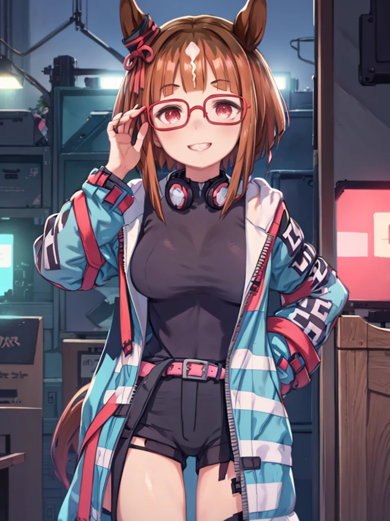 One Girl、transcend 、(umamusume)、Brown bob style with a downward-sloping front、Red glasses、Red eyes、Light blue jumper with front opening、Black underwear、Big Breasts、Shorts、Red Belt、White headphones around the neck、smile、Put your hands in your pockets、Touching glasses with hand、Leaning forward、Watching the audience、Upper Body、playground、blue sky、
