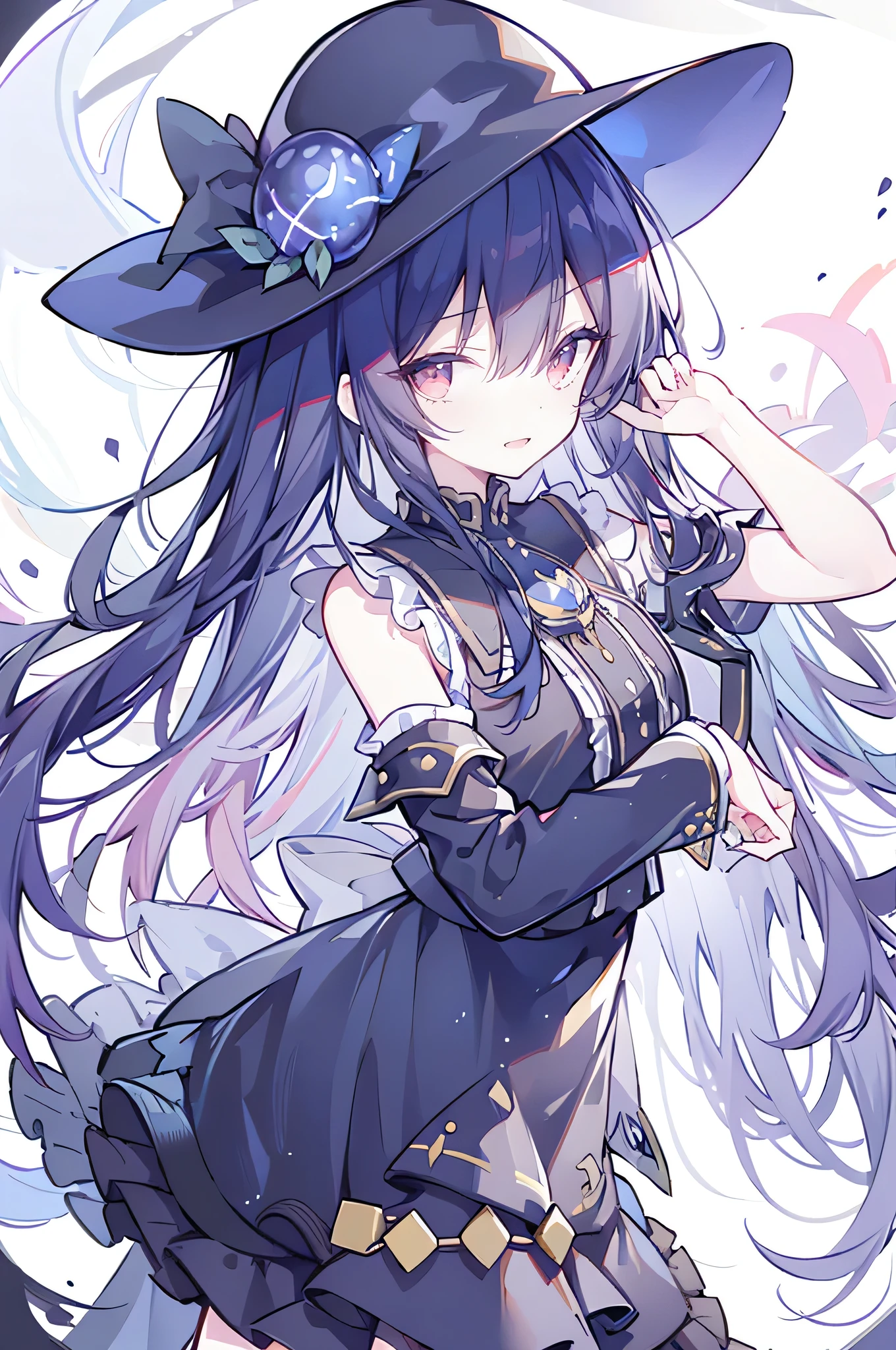 oung Girls,Humanity,A magician always smiles,big witch hat,cute,dark blue long hair,The eyes are dull,The bangs are heavy,Thin eyebrows,fantasy,intake,Double teeth,Star Theme,Constellation pattern,Solid color clothetal decoration,cloak,A bit of a dark atmosphere,A little crazy smile,When the big moon shines outside at night,blood,Hair black star embellishment,Short tie,No nails,High waist skirt,Bell sleeves,Long-sleeved shirt,Black tie,low risk,gentlemen。Mist、Yellow and white effect,Shocking pink as an accent color
