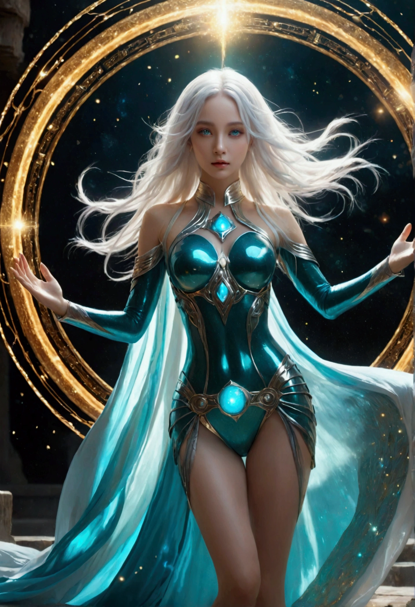 ((Full body photo, standing, feet on the floor)) high quality, 8k, hyper realistic, highly detailed, intricate, photorealistic, cinematic lighting, dramatic, 1 beautiful woman, blue eyes, long white hair, colorful ornate clothing, futuristic jewelry, dynamic pose, stunning, powerful, epic, cinematic, illustration, concept art