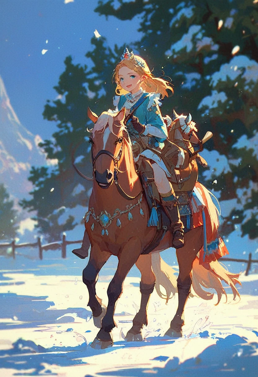 princess riding horse, botw outfit, hyrule snow field