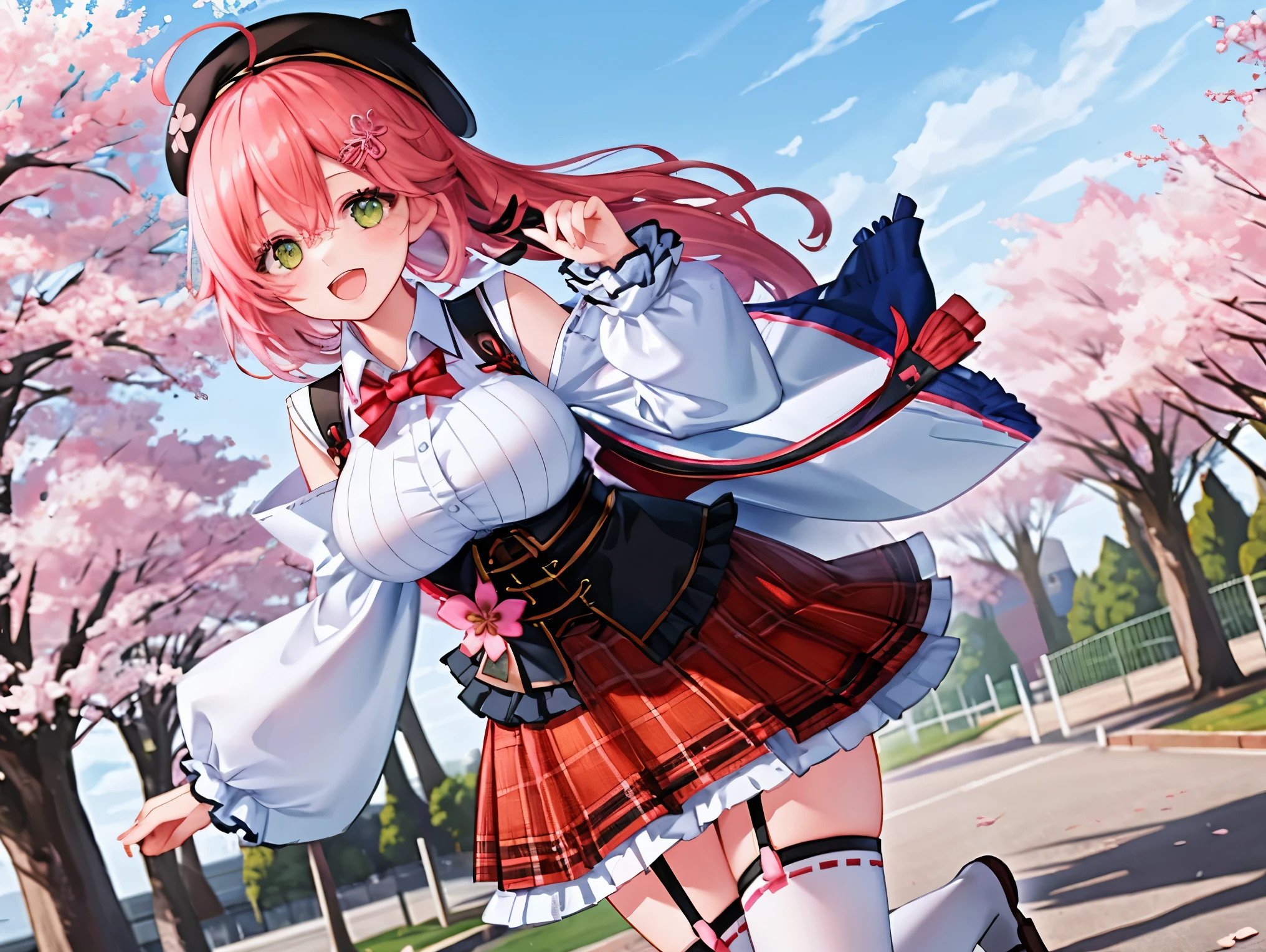 masutepiece, Best_Quality, hight_resolution, miko2,Ponytail, 1girl, Ahoge, black headwear, Hair Ornament, White shirt, black thighhighs, Pink hair, Red_skirt, very_short_skirt, plaid skirts, garter_strap, Collared shirt, hair clips, frilld, Bangs, hair between eye, frills skirt, beret, Pleated skirt, Hair Flower, Neck bell, , puffy long sleeves, Black bow, Underbust, Smile, (large_breasts:1.3),covered_nipples, green_eyes, happy, dynamic_angle,apart_legs,(big_smile:1.2),plump,open_mouth,shout,half_eyes,cherryblossom_park_landscape_background,
