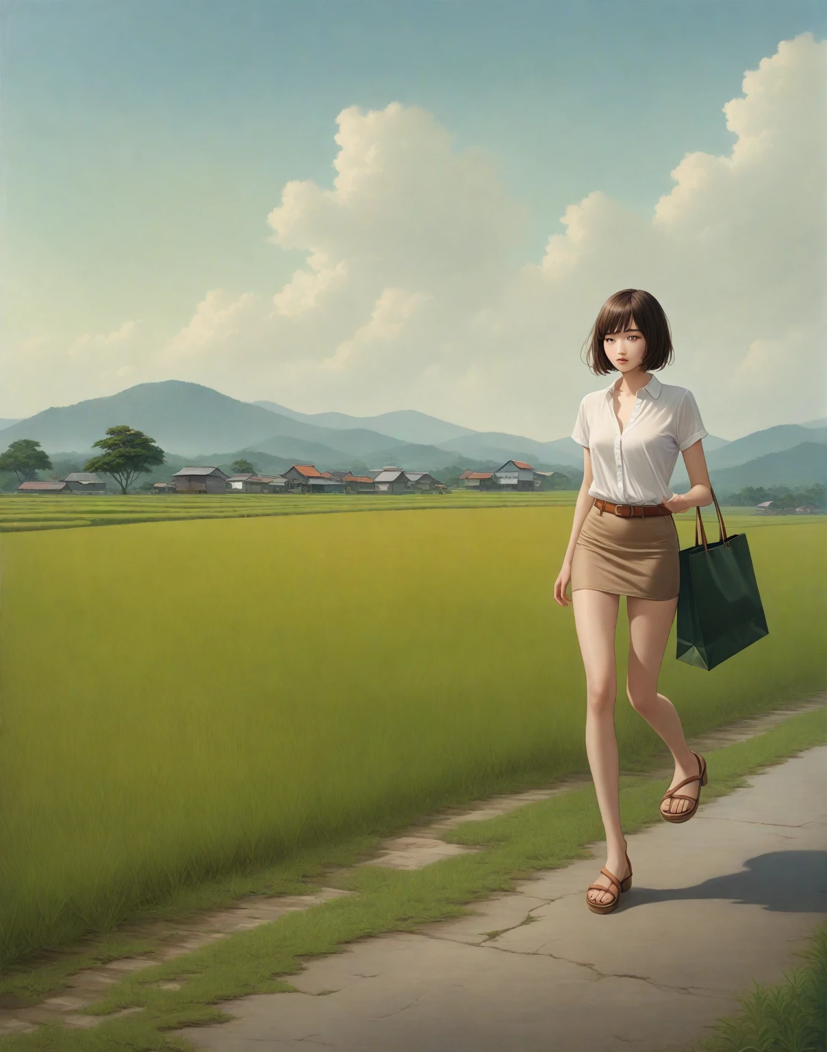 realistic anime illustration of beautiful young woman is standing on footpath under the big tree, she is carrying a green handbag and holding a black paper bag, telephone box beside her, rice field scenery, she has brown shoulder length bob cut , she wearing white short sleeve collared unbuttoned top shirt, black pencil mini skirt with brown belt, and brown sandals
