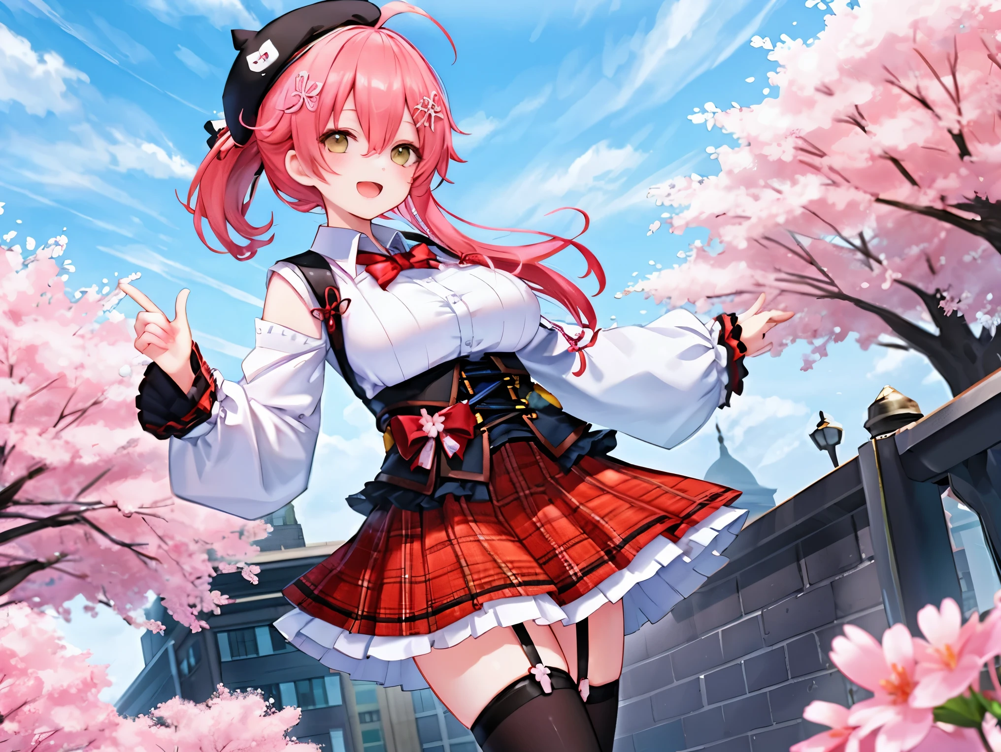 masutepiece, Best_Quality, hight_resolution, miko2,Ponytail, 1girl, Ahoge, black headwear, Hair Ornament, White shirt, black thighhighs, Pink hair, Red_skirt, very_short_skirt, plaid skirts, garter_strap, Collared shirt, hair clips, frilld, Bangs, hair between eye, frills skirt, beret, Pleated skirt, Hair Flower, Neck bell, , puffy long sleeves, Black bow, Underbust, Smile, (large_breasts:1.3),covered_nipples, green_eyes, happy, dynamic_angle,apart_legs,(big_smile:1.2),plump,open_mouth,shout,half_eyes,cherryblossom_park_landscape_background,