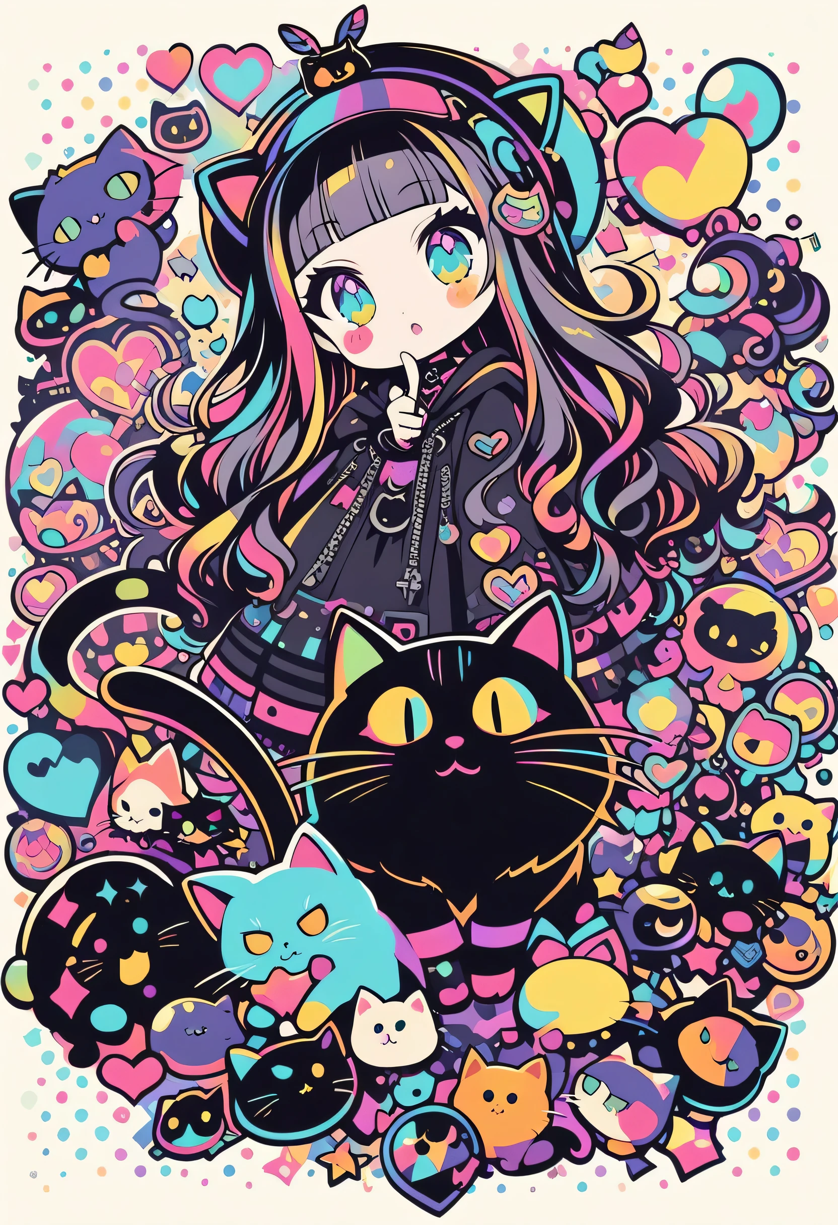 Full Body、1 cat、1 cat、sleep、sleep、Lie、Lying down、ridicule、Finger prick、Black cat、Black Feather、Gothic Punk, anime witch design, heart signs, street wear design, pro vector, love style, full design, 8 colors only, solid colors, no shadows, full design, sticker, bright colors, white background.super fine illustration,(((beautiful fine ))),(((beautiful fine )),(((beautiful fine background))),(((beautiful fine ))),(((beautiful fine cat))),(((beautiful fine background))),Midsummer、beachBlack feather、blunt bangs、Cross-eyed, pop art style