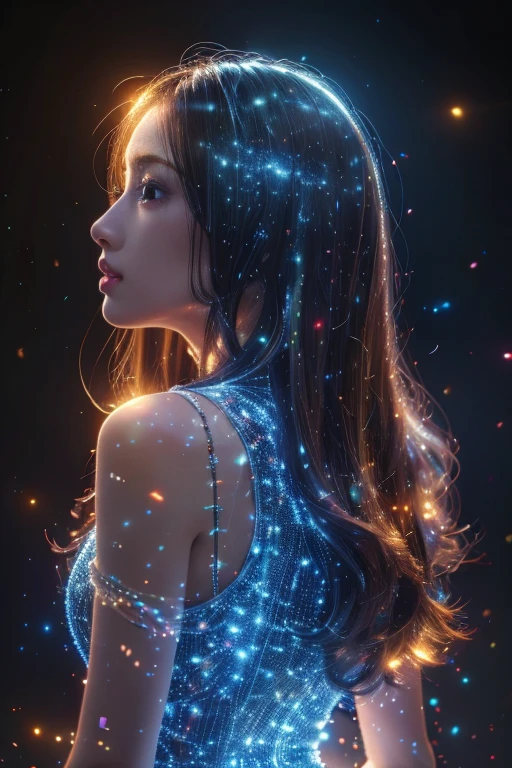 Ultra-Realistic Capture,18k,RAW Photos,Highest quality,masterpiece,reality,Very detailed,Very beautiful woman,Detailed face,Glowing Skin,Rainbow Skin,Automata,cyber punk,18-year-old ,Model body type,slim,So many LEDs,Clothes made of light particles,transparent,Very detailed electronics skeleton,Connection line,Rainbow colors,Very long hair,Black background,Back view,turn around,Raise the middle finger,