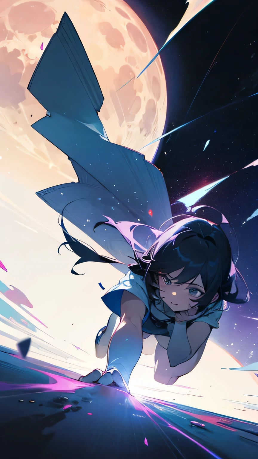 Woman reaching out、On the moon、nebula、Angle from below、whole body