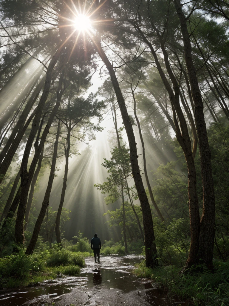 A scene in Pino Daeni's painting style, showing a dense, wild pine forest after a downpour. The trees are dominated by large pines and thick bushes. Wet tree branches are heavy with moisture and puddles of water are visible on the forest path. In the foreground, a lonely traveler wanders on the path. The sun's rays shine through the dense branches, creating interesting sunspots on the forest floor. The whole thing creates a charming and mysterious atmosphere.