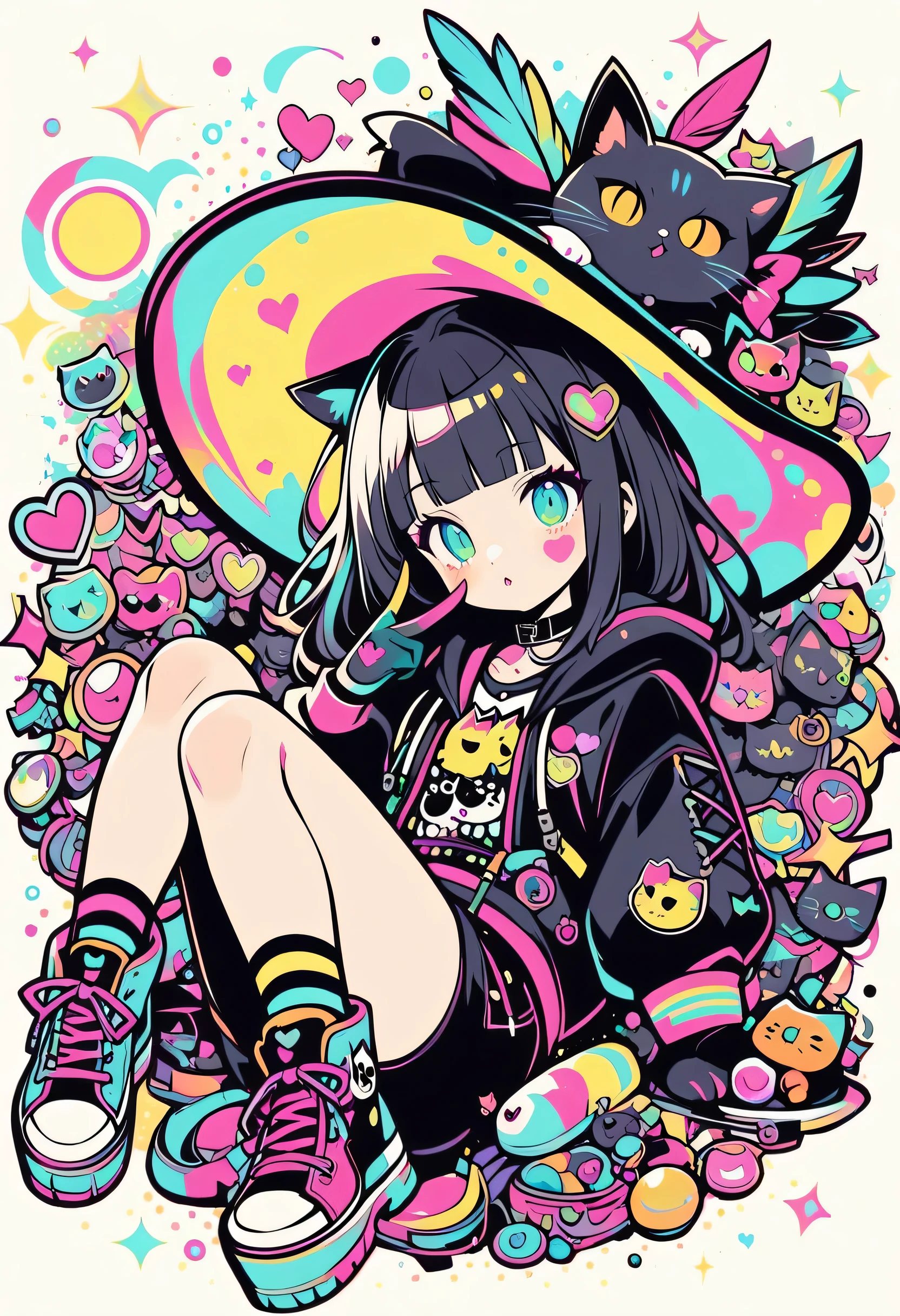 Full Body、1 cat、1 cat、sleep、sleep、Lie、Lying down、ridicule、Finger prick、Black cat、Black Feather、Gothic Punk, anime witch design, heart signs, street wear design, pro vector, love style, full design, 8 colors only, solid colors, no shadows, full design, sticker, bright colors, white background.super fine illustration,(((beautiful fine ))),(((beautiful fine )),(((beautiful fine background))),(((beautiful fine ))),(((beautiful fine cat))),(((beautiful fine background))),Midsummer、beachBlack feather、blunt bangs、Cross-eyed, pop art style