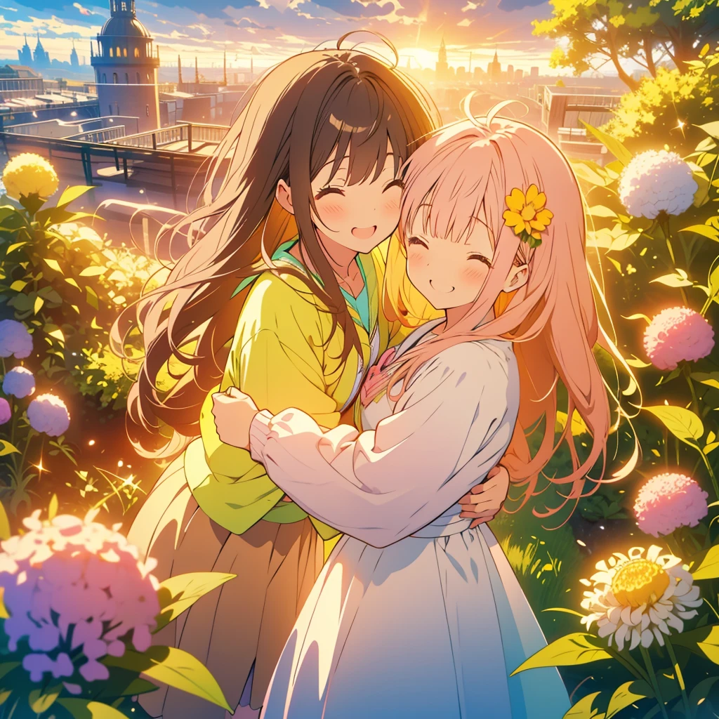 kawaii, anime, Cute, hyper quality, highly detailed, 8k, Clarity, Draw facial expressions in detail, A young girl with short light pink hair and closed eyes, Girl with long dark brown hair and green eyes, happy smile, A yellow spherical allium blooms at my feet., hair fluttering, green wind blows, pure white long dress, Rainbow in the sky after the rain, hoodie, open door, On a hill overlooking the city of Amsterdam, jacket, hug each other, laugh together, 