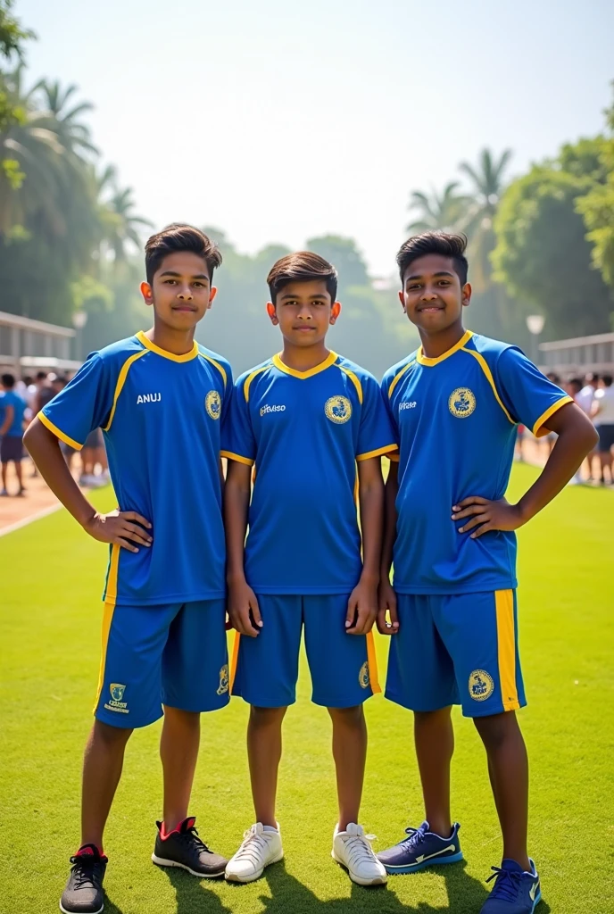 Three teen age boys kho kho players standing and their name Anuj and Ashutosh and Deepak is written on their jersey 