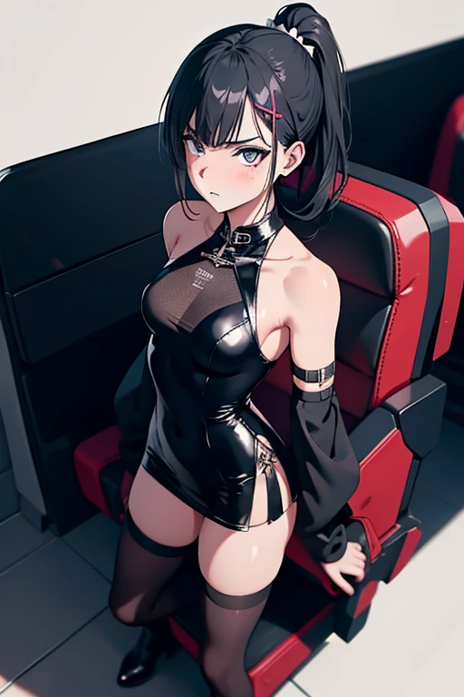 one person, High resolution, High resolution, masterpiece, Anatomically correct, accurate, Winner of numerous awards, Textured skin, retina, Black Hair, Split Ponytail, Slim Body,Slanted Eyes, Contempt/angry gaze, Wide-angle shot, Barrette, anaglyph, Unreal Engine, Black Mini Cheongsam,third seats of a Alphard,Teen,No sleeve,race,AA-cup,Over the knee socks,Makeup that doesn't suit me,シースルー,full body portrait