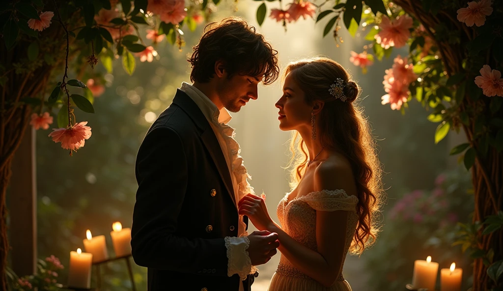 A scene of Henry and Anne in a private garden, engaged in a flirtatious conversation, with Henry offering Anne a jewel, and Anne demurely but firmly refusing.
A tense and intimate moment between Henry and Anne, with candlelight casting shadows on their faces as they exchange secret letters, reflecting their growing but forbidden attraction.

