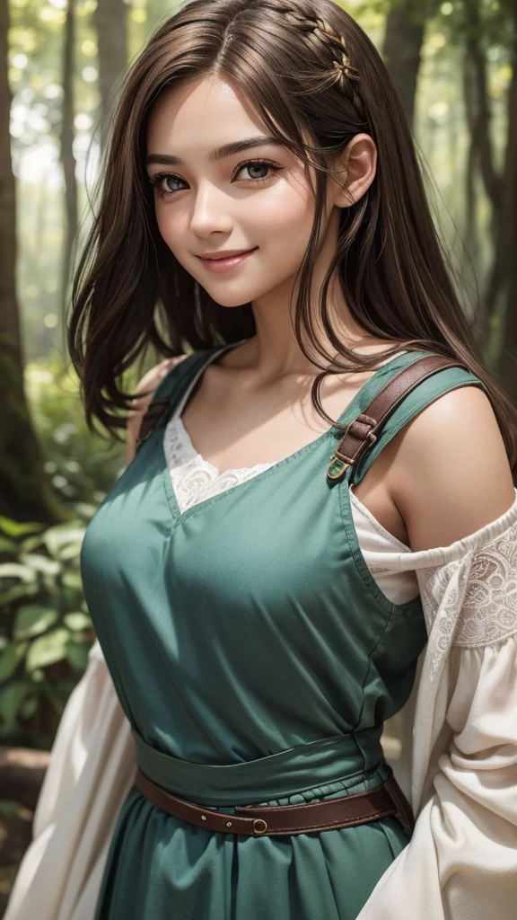 "A close-up of a single female character's face in a medieval style. She has short, shoulder-length hair with a natural brown color, framing her soft, youthful features. Her expression is bright and lively, with an energetic, cheerful smile. Her face has an androgynous, almost boyish feel, with delicate, youthful features that make her appear as though she is in her late teens, even though she is 30 years old. The background is a lush, forested landscape, strongly blurred to keep the focus on her face. The overall atmosphere is lively and serene, reflecting her upbeat personality."