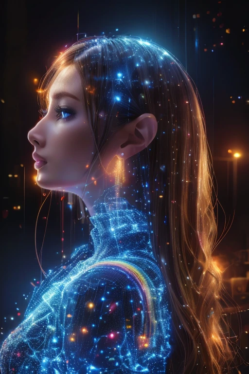 Ultra-Realistic Capture,18k,RAW Photos,Highest quality,masterpiece,reality,Very detailed,Very beautiful woman,Detailed face,Glowing Skin,Rainbow Skin,Automata,cyber punk,18-year-old ,Model body type,slim,So many LEDs,Clothes made of light particles,transparent,Very detailed electronics skeleton,Connection line,Rainbow colors,Very long hair,Black background,Back view,turn around,Raise the middle finger,