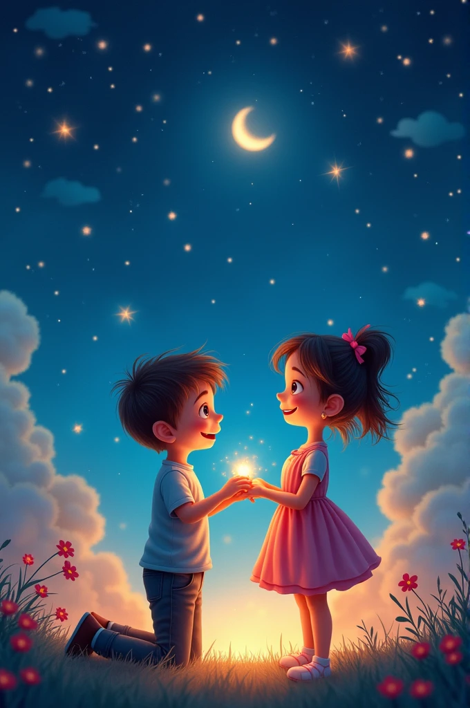 Boy hold hand of a girl in knee down position to propose in a shiny night 4k pop up art syle