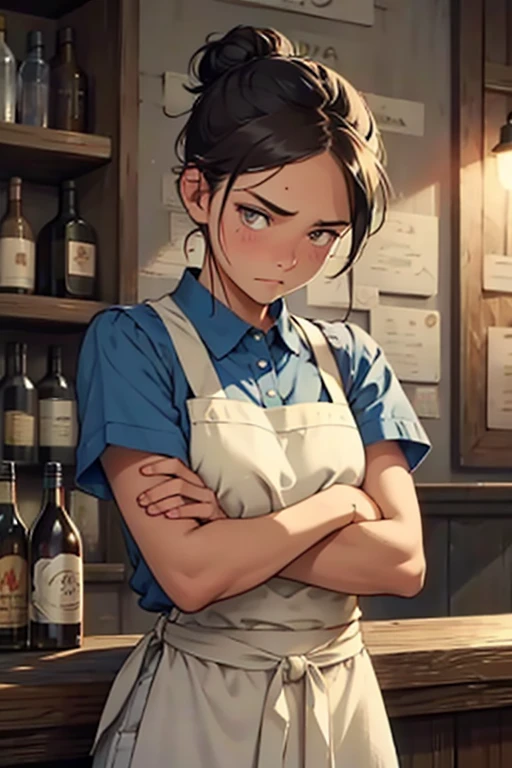 ((best quality)), ((work of art)), ((detailed)), waitress, hair tied back, irritated expression, taking an order
