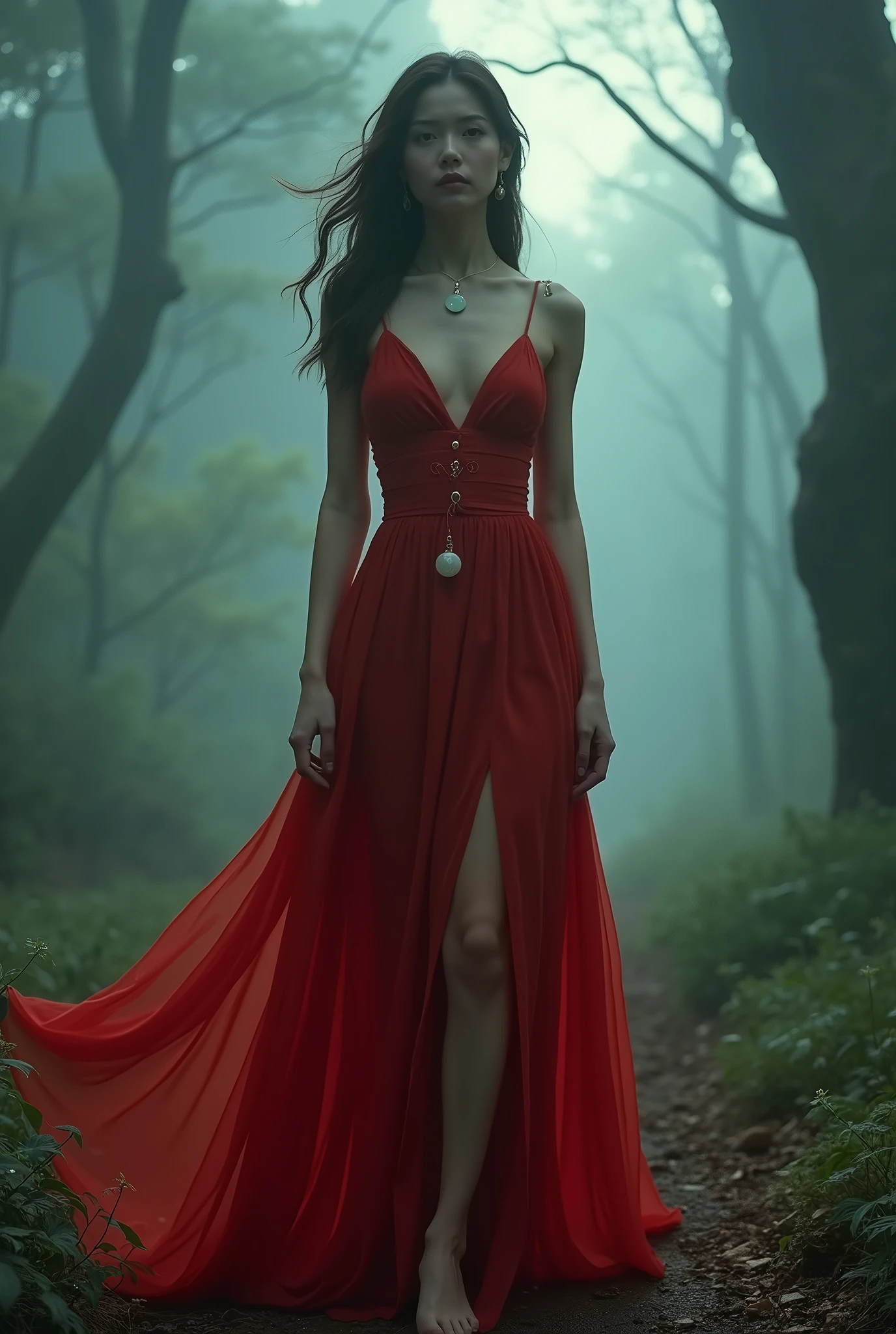 AncheReddressgirl, (masterpiece, best quality: 1.2), 1 girl, alone, In the depths of Wonderland，The moonlight falls like water，The room is foggy，The silhouette of the heroine is clear, Like a fairy in a painting，Sexy slender legs，Very beautiful legs，Sexy exposed legs，Big breasts，Beautiful with a hint of mystery。Her face is beautiful and delicate，Like exquisitely carved jade，Showing supernatural beauty。The eyebrows are as beautiful as a painting，The waves in my eyes are like sparkling stars，Showing the light of perseverance and wisdom。The bridge of the nose is straight，The lip color is like a cherry，The corners of the mouth are slightly curved, showing confidence and composure。Her face is clearly defined，The skin is as white as jade，Showing a healthy radiance，Like a fairy, she never eats fireworks in the world。Light and delicate makeup，Not too embellished，But enough to show her temperament and charm。Light foundation highlights the transparent skin，A light eyebrow pencil outlines her perfect eyebrow shape，Eye makeup is eye shadow and eyeliner，Make her eyes brighter and more energetic。Lips are painted gracefully，Add a touch of charm and sophistication。Her dress is graceful and elegant，Clothes fluttering，It seems to be blown away by the wind at any time，drifting into the void。Without losing her grace，Also shows her extraordinary skills。A wide belt is tied around her waist，There is a transparent jade pendant hanging on there，Swinging with her movements。Her hair was tied back loosely，Fixed with a hosta，A few strands of hair fluttered gently in the wind，Adding a bit of softness。Her figure loomed in the fairy world，Like a beautiful big breast landscape，attracting everyone's attention。She was like a fairy in the fairy world，Beautiful big breast、graceful、mysterious、and full of power