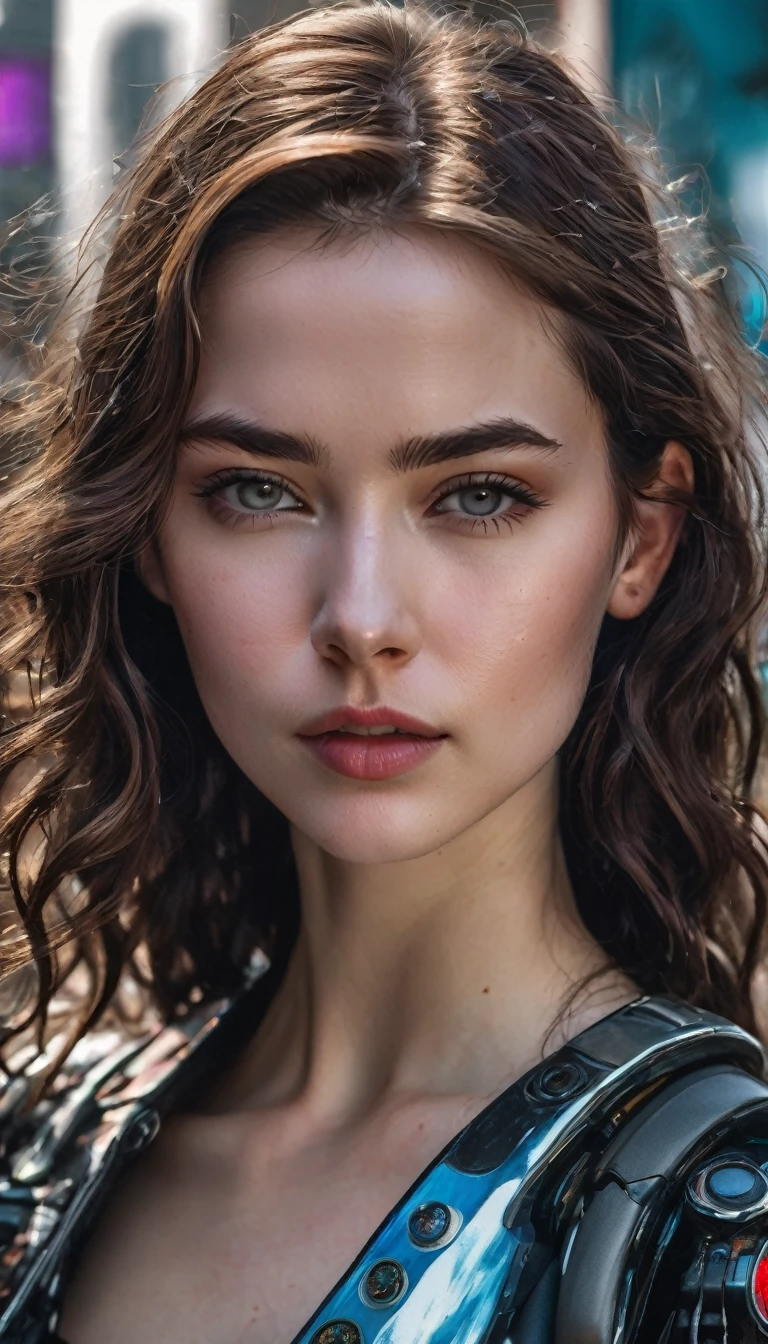 Full face portrait photo of a 25-year-old European girl, RAW, beautiful woman, semi-open strawberry lips, dimples, wistful look, (extra long wavy brown hair), ((detailed face)), ((detailed facial features)), (finely detailed skin), pale skin, (deep neckline detailed high-tech cyberpunk dress), cyberpunk megacity environment, (cool colors), damp, damp, reflections, (masterpiece) (perfect proportion)(realistic photo)(best quality) (detailed) shot on a Canon EOS R5, 50mm lens, F/2.8, HDR, (8k) (wallpaper) (cinematic lighting) (dramatic lighting) (sharp focus) (intricate),RAW photo, gigachad photo, posing for camera, 8k uhd, dslr, high quality, grain film, Fujifilm XT3