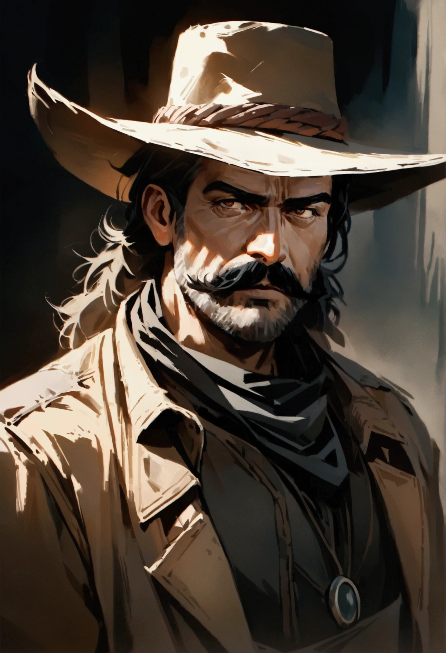 Make a western outlaw with a robust and charismatic appearance, his posture must be heroic and authoritative. He has short, dark hair. He is approximately 35 to 40 years old. His face shows determination and rugged masculinity, with piercing eyes that have seen many battles. He wears a bold handlebar mustache that adds to his authoritative appearance. He is wearing a cowboy hat and prospector clothes. draw the character from the front. high quality, detailed, expressionistic, moody colors, dramatic shadows and highlights, gritty, artwork, 8K, photorealistic