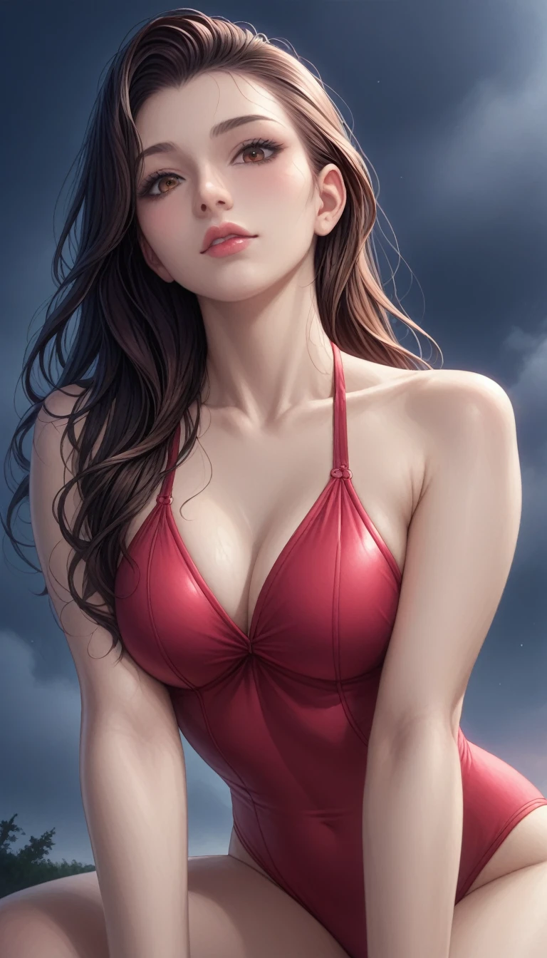 score_9, score_8_superior, score_7_superior, High-resolution CG illustration,A masterpiece in 32K resolution,Highest quality,it is really amazing,Very detailed,Ultra-high resolution,Ultra-realistic,Realistic,Increased depth of field,Cinematic lighting,
Sexy mature Japan woman,
Straight long hair with black hair,Showing his forehead,Cool Beauty,Ultra-detailed and beautiful face,Calm and gentle look,Beautiful brown eyes,Transparent white skin,Realistic skin texture,Great proportions,
Elegant red swimsuit,
Simple design,Chic color scheme based on red,Detailed fabric texture,
(Dark overcast sky on a dull night:1.1),(Dark clouds filling the sky:1.1),Thundercloud,Coastline at night,Stormy seas,delay々A desolate sandy beach that continues,
Kneeling on the sand,Low - Angle,