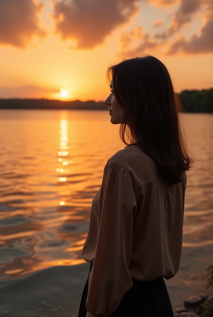 The first image appears to be a She has dark blonde medium straight hair, , and is wearing a light brown blouse. facing the lake only from back not showing face, watching the sunset. The sky is partly cloudy, and the sunset casts a warm orange glow over the scene.