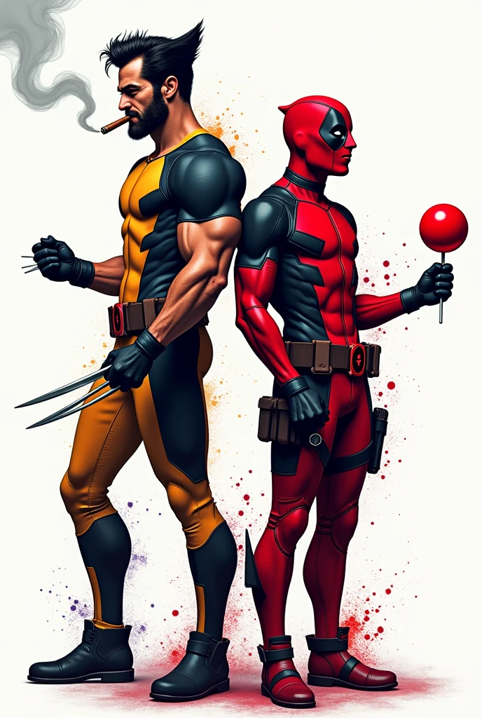 Wolverine et deadpool dos, Wolverine avec un cigare, deadpool avec une sucette, minimalist, splater, splating, png, no background