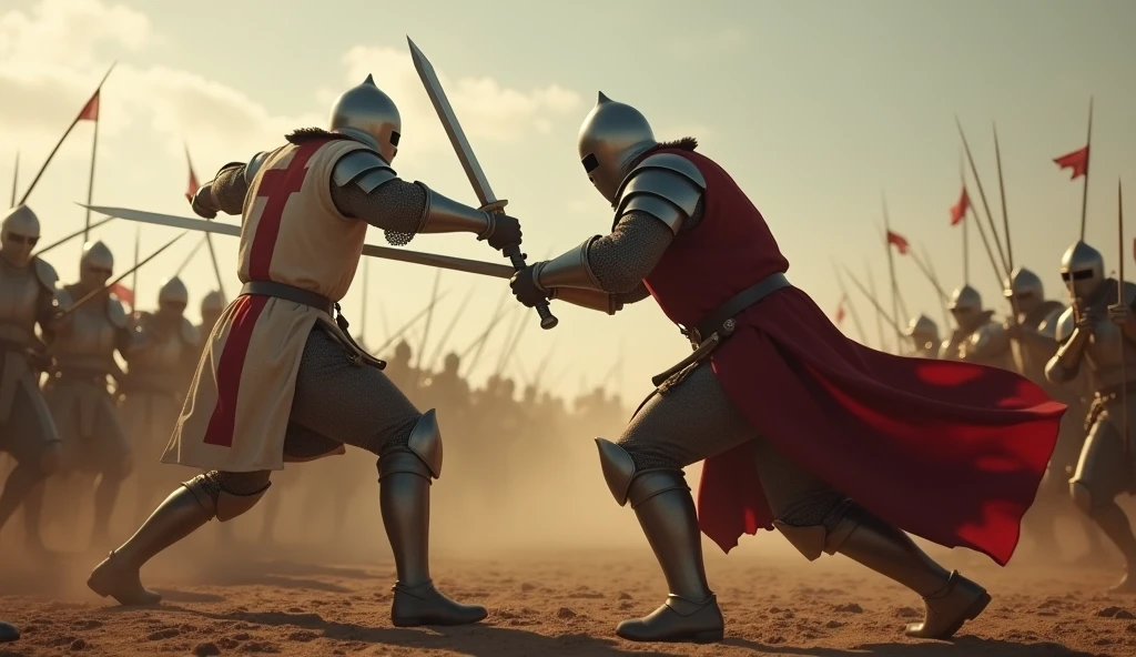A highly realistic, high-contrast, 8K HD, detailed, hyper-detailed image of a lone Crusader knight from the provided image, fully engaged in battle, fighting with all his might. The knight, clad in steel armor with a red cross on his tunic and a helmet fully covering his face, swings his sword with powerful, determined strikes. The scene captures the intensity of the moment as he faces his enemies, his entire focus and strength directed toward the fight. The battlefield is chaotic around him, but the focus remains on the lone knight, showcasing his unwavering resolve and skill. The ground is marked by subtle traces of blood, adding to the realism of the battle. The image is of the highest quality, with ultra-high resolution, RAW photo quality, and Unreal Engine rendering, emphasizing the knight's heroic effort as he fights alone against the odds.