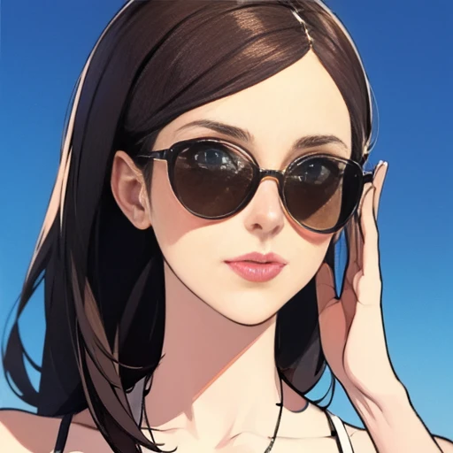 A girl with only one sunglasses perched on her head