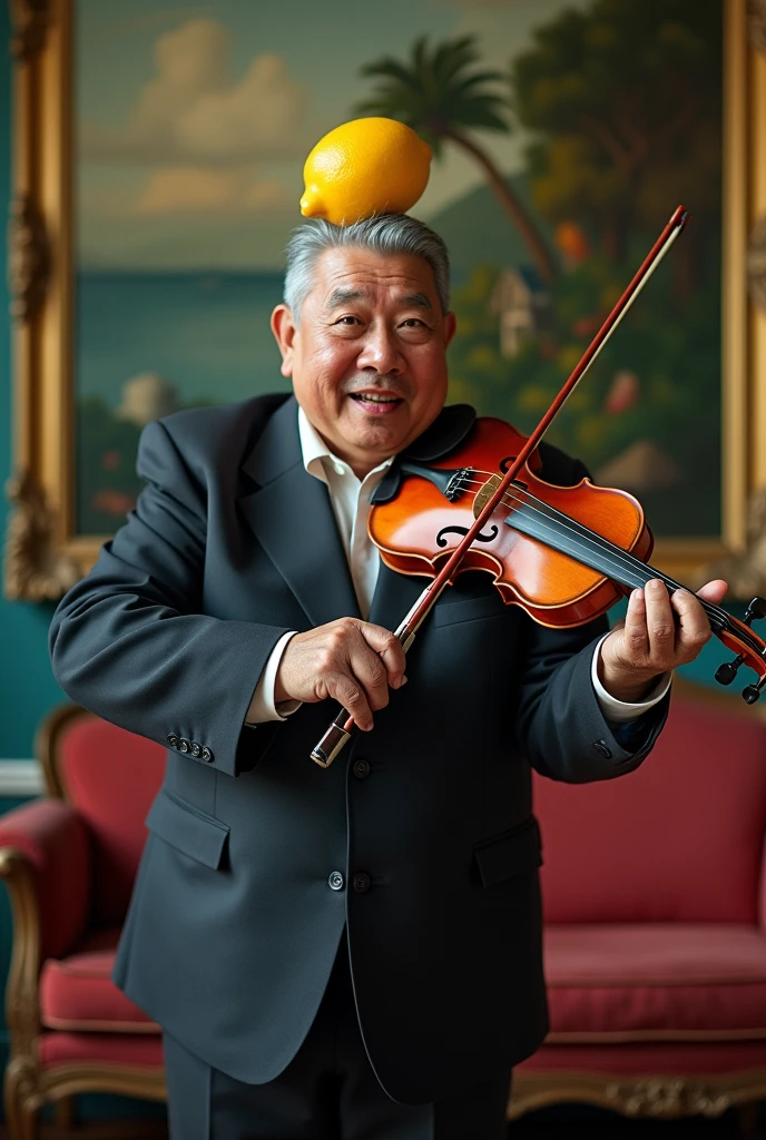 Mister: Miguel Dias Canel Bermúdez with gray hair , Slightly overweight but not too much, Thin arms and slightly distended abdomen. He looks like Miguel Dias Canel Bermúdez, former president of Cuba. He is wearing a lemon on his head and is trying to play a violin, He is in a room with a large painting on the wall..