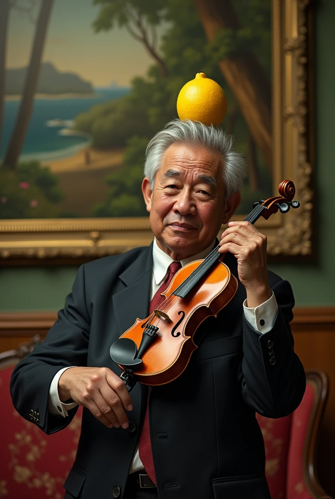 Mister: Miguel Dias Canel Bermúdez with gray hair , Slightly overweight but not too much, Thin arms and slightly distended abdomen. He looks like Miguel Dias Canel Bermúdez, former president of Cuba. He is wearing a lemon on his head and is trying to play a violin,  He is in a room with a large painting on the wall..