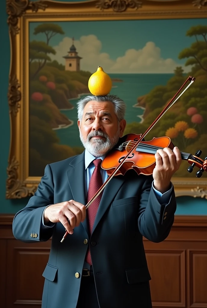 Mister: Miguel Dias Canel Bermúdez with gray hair , Slightly overweight but not too much, Thin arms and slightly distended abdomen. He looks like Miguel Dias Canel Bermúdez, former president of Cuba. He is wearing a lemon on his head and is trying to play a violin,  He is in a room with a large painting on the wall..