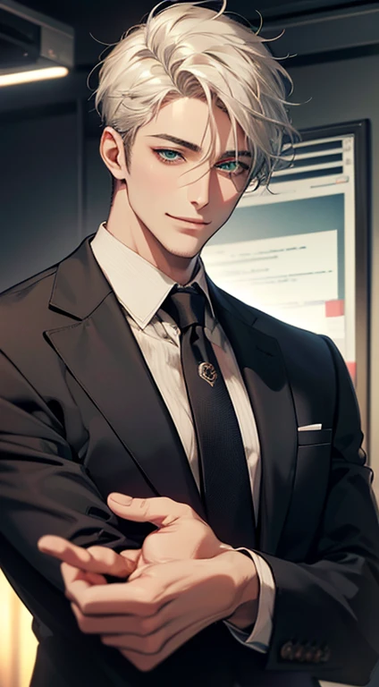 (Highest quality,4K,8K,High resolution,masterpiece:1.2),Super detailed,(Realistic,photoRealistic,photo-Realistic:1.37),1 person,34 years old,Mature Men,Beautiful skin、very handsome,Expressionless smile in love,Short white hair,green eyes,Sharp Eyes,A perfect face without a doubt,Businessman, CEO, Office Background,Cinema Lighting,HDR image,tie、