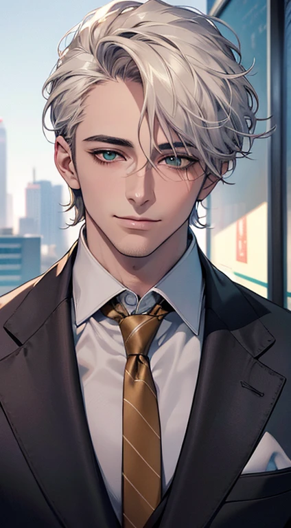 (Highest quality,4K,8K,High resolution,masterpiece:1.2),Super detailed,(Realistic,photoRealistic,photo-Realistic:1.37),1 person,34 years old,Mature Men,Beautiful skin、very handsome,Expressionless smile in love,Short white hair,green eyes,Sharp Eyes,A perfect face without a doubt,Businessman, CEO, Office Background,Cinema Lighting,HDR image,tie、