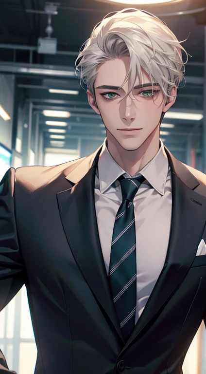 (Highest quality,4K,8K,High resolution,masterpiece:1.2),Super detailed,(Realistic,photoRealistic,photo-Realistic:1.37),1 person,34 years old,Mature Men,Beautiful skin、very handsome,Expressionless smile in love,Short white hair,green eyes,Sharp Eyes,A perfect face without a doubt,Businessman, CEO, Office Background,Cinema Lighting,HDR image,tie、
