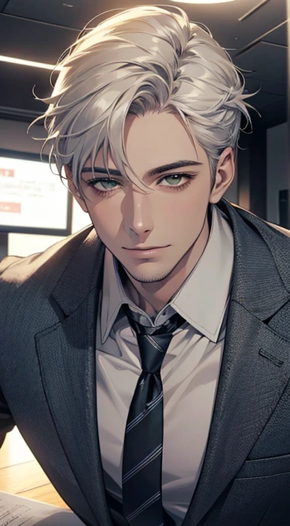 (Highest quality,4K,8K,High resolution,masterpiece:1.2),Super detailed,(Realistic,photoRealistic,photo-Realistic:1.37),1 person,34 years old,Mature Men,Beautiful skin、very handsome,Expressionless smile in love,Short white hair,green eyes,Sharp Eyes,A perfect face without a doubt,Businessman, CEO, Office Background,Cinema Lighting,HDR image,tie、