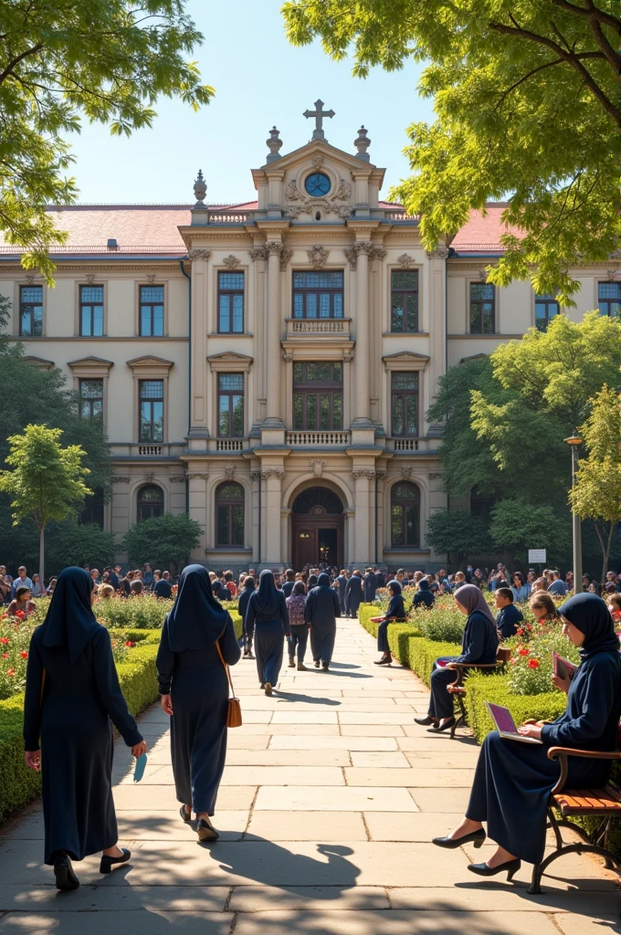 Picture of a majestic school building. Consists of three levels. In front of them many students are passing by and carrying books. In front of the building there is a garden filled with students reading books. In another garden there are students playing with laptops. They are dressed neatly. Female students wear hijab.